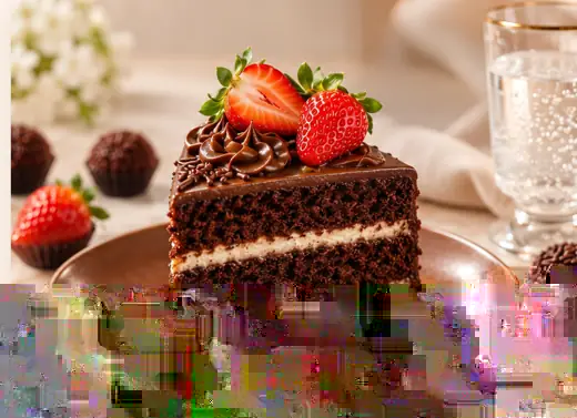Fatia de bolo de chocolate com morangos e brigadeiros